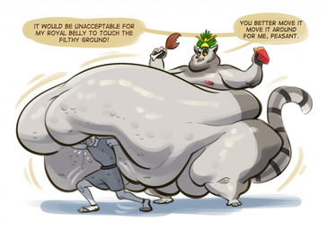 anthro barely_mobile belly big_belly dialogue dominant dominant_male duo food fur grey_body grey_fur huge_belly hyper hyper_belly lifting_belly male morbidly_obese morbidly_obese_male nipples obese obese_male overweight overweight_male royalty text lotolotl dreamworks madagascar_(series) king_julien human lemur mammal primate ring-tailed_lemur strepsirrhine english_text hi_res