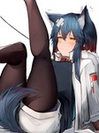 bandage blue_body blue_fur blue_hair blush bottomwear breasts clothed clothing collar female female_humanoid fluffy_ears fur hair inner_ear_fluff jacket leaning leaning_backward leash legs_up legwear looking_at_viewer multicolored_hair on_ground red_hair shorts simple_background solo stockings tail topwear tuft white_background white_body white_fur yellow_eyes tabhead arknights hypergryph studio_montagne texas_(arknights) animal_humanoid canid canid_humanoid canine canine_humanoid dog_humanoid humanoid mammal mammal_humanoid 2021 absurd_res digital_media_(artwork) hi_res