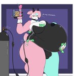 air_inflation anthro belly big_belly big_breasts biped blush bodily_fluids breasts bulge butt clothed clothing detailed_bulge expansion fur genitals gynomorph gynomorph_anthro hair heterochromia hose hose_inflation inflation intersex intersex_anthro latex latex_clothing money navel navel_piercing navel_ring piercing ring_piercing simple_background solo tail text tube wide_hips furr3ak deer mammal digital_media_(artwork) hi_res male_(lore)