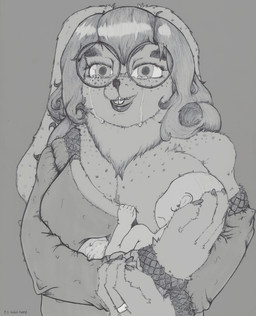 anthro breastfeeding clothing curly_hair digit_ring duo female hair holding_baby jewelry looking_at_viewer male male/female married_woman neonate ring sweater topwear wedding_ring wife young doublespace molly_(sable_wren) human lagomorph leporid mammal rabbit absurd_res greyscale hi_res monochrome