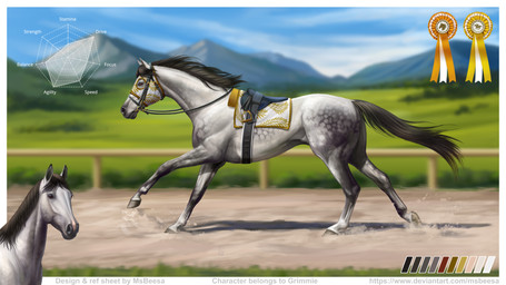 ambiguous_feral ambiguous_gender anatomically_correct black_hair black_mane black_tail bridle chart cloud dapple_grey dappled dappled_body dappled_fur detailed_background dust fence feral field fur galloping grass grey_body grey_fur hair hooves horse_racing mane mask mountain outside palette plant pupil quadruped race_horse racetrack red_eyes rosette running saddle saddle_blanket sand sky solo tail text tree unguligrade wearing_mask beesa equid equine horse mammal thoroughbred 2026 9:16 digital_media_(artwork) digital_painting_(artwork) full-length_portrait hi_res krita_(artwork) model_sheet paint_tool_sai_(artwork) painting_(artwork) portrait signature