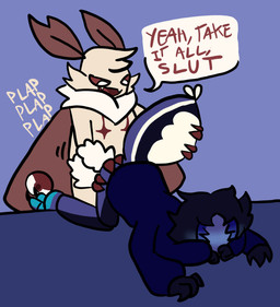 anal anal_penetration anthro blush clothed clothing duo male male/male nude nude_anthro partially_clothed penetration speech_bubble text mastemamothpriest blueberry_(simpabyss) motharel_(mastemamothpriest) arachnid arthropod insect lepidopteran moth mygalomorph spider tarantula absurd_res hi_res