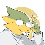 ambiguous_gender anthro buckteeth claws clothed clothing coat eyewear glasses holding_eyewear holding_glasses holding_object lab_coat obscured_eyes scales simple_background smile solo sparkles teeth three-quarter_view topwear yellow_body yellow_scales sskomu_(artist) undertale undertale_(series) alphys reptile scalie 1:1 portrait reaction_image female_(lore)