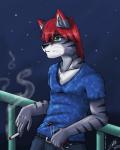 against_railing against_surface anthro blue_clothing blue_shirt blue_topwear cigarette clothing fur green_eyes grey_body grey_fur hair male night railing red_hair shirt smoke smoking solo stripes topwear likangel zedneko domestic_cat felid feline felis mammal 4:5 hi_res