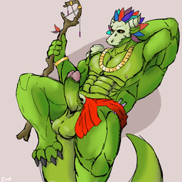 abs accessory anthro armpit_fetish balls biceps big_balls bone bone_mask erection genitals green_body holding_object humanoid_genitalia humanoid_penis looking_at_viewer male mask muscular muscular_anthro muscular_male nude pecs penis raised_arm simple_background skull skull_mask solo tail exoticdragonbeing terraria witch_doctor_(terraria) lihzahrd lizard reptile scalie 1:1 hi_res
