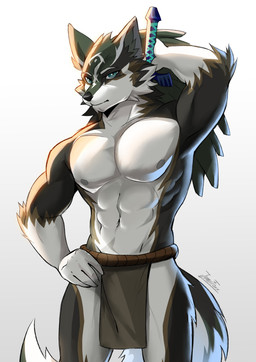 abs anthro anthrofied biped black_nose bottomwear clothed clothing countershade_fur countershade_tail countershade_torso countershading front_view fur hand_on_hip holding_melee_weapon holding_object holding_sword holding_weapon loincloth loincloth_only looking_at_viewer male master_sword melee_weapon muscular muscular_male nipples pecs simple_background solo sword tail topless topless_male weapon white_background jumiifoxx_(artist) nintendo the_legend_of_zelda link_(wolf_form) canid canine canis mammal wolf 2023 absurd_res hi_res portrait three-quarter_portrait