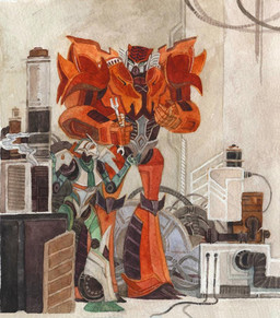 duo female fingers green_body green_eyes larger_male machine male multicolored_body not_furry open_mouth red_body red_eyes simple_background size_difference smaller_female smoke standing tools wire unita-n hasbro takara_tomy transformers transformers:_beast_wars rampage_(character) transmutate cybertronian humanoid living_machine maximal predacon robot painting_(artwork) traditional_media_(artwork) traditional_painting_(artwork) traditional_watercolor_(artwork) watercolor_(artwork)