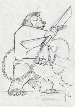 anthro bared_teeth belly belt big_belly bottomwear chain clothed clothing empty_eyes holding_melee_weapon holding_object holding_sword holding_weapon loincloth male male_anthro melee_weapon mohawk narrowed_eyes overweight overweight_anthro overweight_male simple_background solo standing sword teeth topless weapon hufnaar bear mammal 2018 absurd_res dated hi_res monochrome sketch