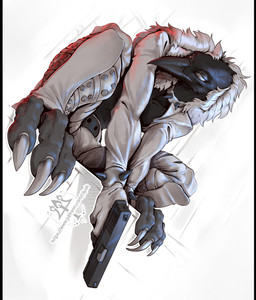 anthro barefoot beak black_body claws clothed clothing feet foot_focus gloves gun handwear male paws ranged_weapon soles solo toes weapon kredri avian bird hi_res
