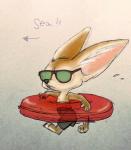 3_toes anthro barefoot big_ears clothed clothing countershade_feet countershading eyewear feet fur male simple_background solo summer sunglasses swimwear toes topless mortic_ox disney zootopia finnick_(zootopia) canid canine fennec_fox fox mammal true_fox 2017