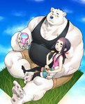 anthro belly big_belly black_nose bottomwear clothing duo eyewear food fur glasses humanoid_hands kemono male overweight overweight_male shirt shorts sitting topwear white_body white_fur kira_nerisu cooking_with_bara_bear_daddy bear human mammal polar_bear ursine 2022 hi_res