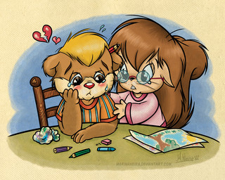 anthro bodily_fluids broken_heart chair clothing colored_pencil_(object) drawing_(object) duo erase eyewear female furniture glasses male pencil_(object) shirt tail tears topwear marinaneira bear mammal rodent sciurid tree_squirrel 5:4