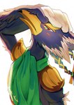 anthro armor beak blue_body blue_feathers braided_hair eyebrows feathers green_eyes hair leather leather_armor male scarf simple_background smug solo thick_eyebrows white_background wings chikichikitaron breath_of_the_wild nintendo the_legend_of_zelda revali avian rito hi_res