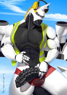 aircraft airplane anthro anthrofied balls big_penis clothing electronics genitals headphones looking_at_viewer machine male muscular muscular_male penis smile solo spiked_penis spikes spikes_(anatomy) underwear unusual_anatomy unusual_genitalia unusual_penis vehicle franubis acidthemd11 aeromorph living_aircraft living_machine living_vehicle absurd_res hi_res