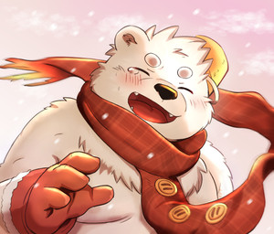 anthro belly bodily_fluids clothing crying eyes_closed gloves handwear humanoid_hands kemono male moobs overweight overweight_male scarf solo tears kemonuo boku_to_yukidaruma bear mammal 2023 hi_res