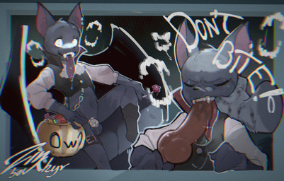 accessory anthro bite_mark boots candy cape chain chastity_cage chastity_device clothing dessert duo ear_piercing fangs flat_chastity_cage food footwear for_a_head fruit furniture genitals hand_in_mouth holidays knot knotted_penis lollipop male male/male oral oral_penetration penetration penis piercing plant pumpkin pumpkin_head rough_sex sex shoes snarling sofa teeth tongue tongue_out tongue_piercing vampire_costume wings zinsockhyr halloween bat mammal object_head hi_res