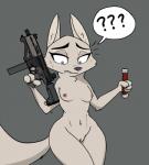 anthro arm_tuft blue_eyes bodily_fluids breasts confusion elbow_tuft female flare_(object) fur genitals grey_background gun holding_gun holding_object holding_ranged_weapon holding_weapon inner_ear_fluff nipples nude pussy question_mark ranged_weapon simple_background solo submachine_gun sweat sweatdrop tactical tuft weapon white_body white_fur wide_hipped_female wide_hips josun disney zootopia skye_(zootopia) canid canine fox mammal 2019 meme portrait three-quarter_portrait