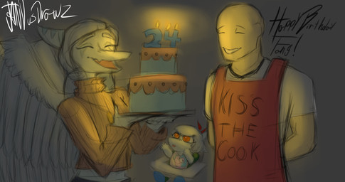 amber_eyes anthro apron bald birthday birthday_cake blue_body bone_frill brown_clothing brown_sweater brown_topwear cake candle clothed clothed_anthro clothed_female clothed_human clothed_male clothing dessert eyebrows eyes_closed feathered_wings feathers female fingers food frill_(anatomy) grey_background grey_body grey_feathers grey_hair group hair hands_behind_back happy humanoid_hands long_hair male male/female markings neonate open_mouth open_smile raised_eyebrows simple_background smile striped_markings stripes sweater text topwear trio wings young young_anthro young_female joebamna cavemanon_studios goodbye_volcano_high ko_op_(game_developer) snoot_game amber_(snoot_game) anon_(snoot_game) fang_(gvh) human mammal prehistoric_species pterosaur reptile scalie colored english_text hi_res shaded daughter_(lore) father_(lore) father_and_child_(lore) father_and_daughter_(lore) mother_(lore) mother_and_child_(lore) mother_and_daughter_(lore) parent_(lore) parent_and_child_(lore) parent_and_daughter_(lore)