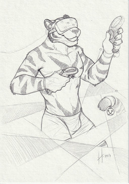 accessory anthro athletic athletic_anthro athletic_male bell bottomwear bulge clothed clothing controller facial_markings fur furgonomics grin head_markings holding_controller holding_object male male_anthro markings obscured_eyes smile solo standing striped_arms striped_body striped_face striped_fur stripes tail tail_accessory tail_bell topless vr_headset hufnaar ulbrek felid mammal pantherine tiger hi_res monochrome sketch