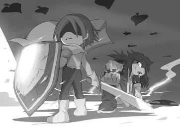 anthro bodily_fluids clothed clothing duo female hair male melee_weapon narrow_hips shield sweat sword thin_calves thin_legs thin_thighs weapon unknown_artist deltarune undertale_(series) kris_dreemurr susie_(deltarune) human mammal reptile scalie 2018 digital_drawing_(artwork) digital_media_(artwork) greyscale hi_res monochrome shaded simple_shading
