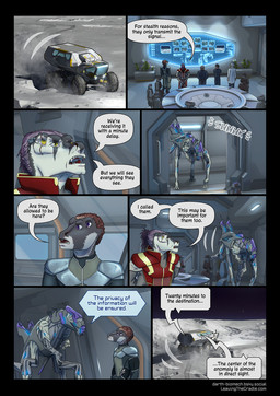 4_arms 4_eyes anthro bald biped black_hair clothed clothing dark_body dark_skin dialogue dialogue_box female group hair light_body light_skin male multi_arm multi_eye multi_limb open_mouth purple_eyes purple_hair scar speech_bubble tail text vehicle yellow_eyes darth_biomech leaving_the_cradle professor_zelenkov_(darth_biomech) zane_htrua_sha alien azinarsi human mammal raharr 2026 colored comic english_text hi_res