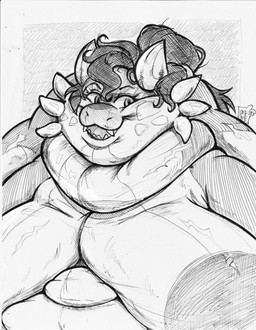 anthro chubby_cheeks curved_horn fat_rolls female hair horn morbidly_obese morbidly_obese_female muffin_top obese obese_female open_mouth overweight overweight_female scar smile solo omeome komi_(fatty-sashimi) aquatic cetacean hybrid mammal whale_dragon 2025 bust_portrait hi_res monochrome portrait sketch traditional_media_(artwork)