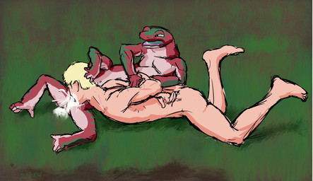animal_genitalia anus arm_support bestiality blonde_hair bodily_fluids butt cum cum_in_mouth cum_inside cum_on_butt cum_on_ground cum_splatter cumshot dominant dominant_feral drinking drinking_cum duo ejaculation feral from_front_position gagging genital_fluids genitals grappling grass green_body green_skin hair hands_behind_back holding_head human_on_feral interspecies leaning leaning_backward leaning_on_elbow lying male male/male mud narrowed_eyes nude on_back on_front open_mouth oral oral_penetration orgasm outside penetration penis pink_body pink_skin pinned_arms plant sex simple_background squint unusual_position divdurvart amphibian human mammal salamander 2019 digital_media_(artwork) hi_res sketch