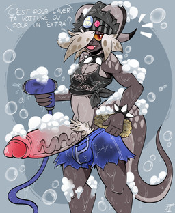 anthro beanie bedroom_eyes big_penis blue_background bottomwear bracelet car_wash clothing collar crop_top curved_horn daisy_dukes denim denim_bottomwear denim_clothing denim_shorts erection fangs femboy freckles genitals grey_body grey_scales hair hair_over_eye half-closed_eyes hat headgear headwear horn hose hotpants huge_penis humanoid_genitalia hyper hyper_genitalia hyper_penis inviting jewelry looking_at_viewer male markings narrowed_eyes one_eye_obstructed open_mouth open_smile penis pubes pubes_exposed scales seductive shirt shorts simple_background smile smirk smug smug_face smug_grin soap soap_bubbles solo spiked_bracelet spiked_collar spikes sponge spots spotted_body spotted_scales suds teeth text topwear vein veiny_penis yellow_sclera mrt0ony enko_(mrt0ony) kobold scalie absurd_res french_text hi_res