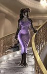 anthro bag claws clothing dress evening_dress female hair horn purse solo squinted_eyes stairs tail toe_claws techiesxc mythology canid canine canis dragon hybrid mammal mythological_creature mythological_scalie scalie wolf digital_media_(artwork) hi_res