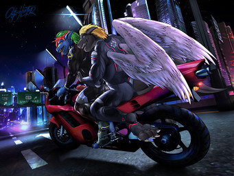 4_toes 5_fingers anal anal_penetration anthro biker biker_jacket biking blonde_hair blue_body brown_body clothed clothing cyberpunk dark detailed_background driving duo ear_piercing erection feathered_wings feathers feet fingers furgonomics genitals glowing glowing_clothing green_hair hair humanoid_genitalia humanoid_penis jacket latex latex_clothing latex_skinsuit leather leather_clothing leather_jacket leather_topwear male male/male male_penetrated male_penetrating male_penetrating_male motorcycle multicolored_hair muscular night open_mouth outside penetration penis piercing rear_view red_hair sex sitting skinsuit sky tail teeth tight_clothing toes tongue tongue_out topwear vehicle white_wings wings obfuscator mythology dark_dragon_(character) welsh_(scot365) dragon mythological_creature mythological_scalie scalie 2020 4:3 digital_drawing_(artwork) digital_media_(artwork) signature