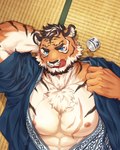 alcohol anthro asian_clothing beard beverage body_hair chest_hair clothed clothing east_asian_clothing facial_hair japanese_clothing kimono licking licking_lips liquid_on_breast looking_at_viewer lying male muscular muscular_male nipples open_clothing sake sake_dish seductive smile smug solo tatami tongue tongue_out gozu_farm felid mammal pantherine tiger absurd_res hi_res