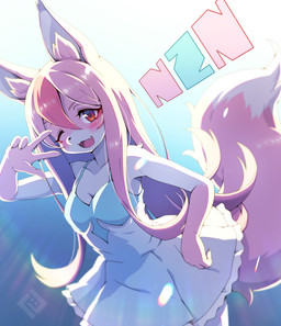 5_fingers alternative_fashion anthro blush breasts claws cleavage clothed clothed_anthro clothed_female clothing cute_fangs depth_of_field dipstick_tail dress dress_only dutch_angle fangs female female_anthro fingers fluffy fluffy_tail fur gesture glistening glistening_hair gloves_(marking) hair hand_gesture hand_on_hip happy inner_ear_fluff j-fashion kemono lolita_(fashion) long_hair markings multicolored_body multicolored_fur multicolored_hair multicolored_tail one_eye_closed open_mouth open_smile pink_body pink_fur pink_hair red_eyes smile solo tail tail_markings teeth text tuft v_sign white_body white_fur wink tsu_ji brand_new_animal studio_trigger nazuna_hiwatashi canid canine fox mammal 2020 digital_media_(artwork) english_text hi_res signature
