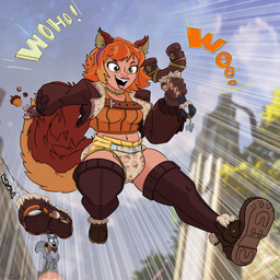 acorn belt boots brown_eyes buckteeth charm_(jewelry) clothing crop_top diaper duo extreme_size_difference female feral fluffy fluffy_tail food footwear fruit fur_boots fur_jacket hair jumping kerchief nut_(fruit) offscreen_character onomatopoeia pattern_diaper plant ranged_weapon red_hair red_kerchief shirt shoes size_difference slingshot sound_effects spider_web tail teeth text thwip topwear wardrobe_malfunction weapon alphapantsu marvel doreen_green squirrel_girl_(marvel) tippy-toe animal_humanoid humanoid mammal mammal_humanoid rodent rodent_humanoid sciurid sciurid_humanoid tree_squirrel tree_squirrel_humanoid 1:1 hi_res