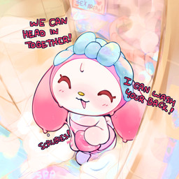 anthro bath_towel biped blush bow_(feature) bow_accessory bow_ribbon chibi clothed clothed_anthro clothed_female clothing detailed_background dialogue directional_arrow exclamation_point eyelashes eyes_closed featureless_feet featureless_hands feet female female_anthro heart_symbol high-angle_view holding_object holding_soap hood inside monotone_body open_mouth pink_hood red_text short_tail sign soap solo spa standing steam tail talking_to_viewer text towel wet white_body yellow_nose ligma_(artist) onegai_my_melody sanrio my_melody lagomorph leporid mammal rabbit 1:1 2026 digital_media_(artwork) english_text full-length_portrait handwritten_text hi_res portrait