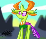 feral green_body horn male moss plant purple_eyes purple_tail rock sky_background solo tail phalanx_b_deer friendship_is_magic hasbro my_little_pony thorax_(mlp) arthropod changeling 2017 hi_res