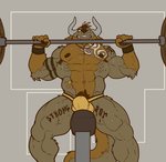 2017 abs abstract_background absurd_res anthro armpit_hair barazoku barbell bench_press biceps big_muscles bodily_fluids body_hair body_writing bulge canid canine canis clenched_teeth clothing ear_piercing english_text exercise hi_res horn incline_press jewelry jockstrap key key_necklace low-angle_view male mammal muscular muscular_anthro muscular_male navel necklace nightterror nipples obliques open_mouth pecs piercing pubes quads simple_background solo sweat tattoo teeth text text_on_body underwear weightlifting weights wolf workout writing_on_thigh