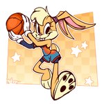 anthro ball basketball basketball_uniform blonde_hair buckteeth clothing eyelashes feet female fingers fur gloves hair handwear happy holding_object pawpads pink_nose ponytail scut_tail short_tail small_tail smile solo sport sportswear tail tan_body tan_fur teeth toony tune_squad_outfit tune_squad_outfit_(2021) uniform thegreatrouge looney_tunes space_jam space_jam:_a_new_legacy the_looney_tunes_show warner_brothers lola_bunny lagomorph leporid mammal rabbit 1:1 2021