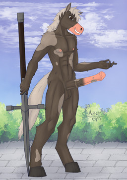 animal_genitalia animal_penis anthro athletic athletic_male balls brick_floor brown_body brown_fur cloud digitigrade equine_genitalia equine_penis erection fur genitals grey_hair hair happy holding_melee_weapon holding_object holding_weapon hooves male markings melee_weapon multicolored_body multicolored_fur nipples nude penis plant polearm shrub smile solo spots spotted_body spotted_fur swordstaff tail two_tone_body two_tone_fur weapon azurgyn equid equine horse mammal digital_drawing_(artwork) digital_media_(artwork) hi_res signature