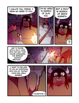 2_horns 6_panel_comic anthro armor big_penis black_hair blood blood_on_chest blood_on_face blood_on_head blood_on_wall blush blush_lines bodily_fluids bottomwear brown_body clothing confusion corpse dialogue dungeon ear_piercing eye_contact eyes_closed facial_piercing fire foreskin fur genitals gladiator_helmet glans grey_body grey_fur group hair head_horn headgear helmet holding_object holding_torch horn humanoid_genitalia humanoid_penis ineffective_clothing inside leather leather_strap loincloth long_hair looking_at_another male muscular nipples nose_piercing nose_ring pecs penis piercing question_mark rhyme ring_piercing size_difference speech_bubble straps text torch trio t0l0k european_mythology greek_mythology mythology antigonus_(t0l0k) bovid bovine canid canine canis macropod mammal marsupial minotaur quokka wolf comic english_text hi_res multiple_scenes