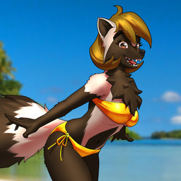 anthro arm_tuft bikini biped breasts brown_eyes brown_hair chest_tuft clothed clothed_anthro clothed_female clothing eyebrow_through_hair eyebrows eyelashes female fingers front_view fur gold_bikini hair looking_at_viewer navel shoulder_tuft side-tie_bikini smile solo standing strapless_bikini strapless_clothing strapless_swimwear string_bikini swimwear tail teeth tongue translucent translucent_hair tuft two-piece_swimsuit mykegreywolf mel_(mykegreywolf) gulonine mammal mustelid musteline wolverine 1:1 2026 absurd_res digital_drawing_(artwork) digital_media_(artwork) hi_res
