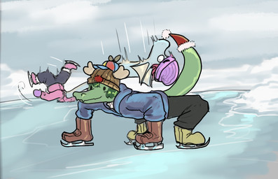 abstract_background all_fours anthro beanie blue_clothing blue_coat blue_topwear christmas_clothing christmas_headwear clothing coat duo female footwear frill_(anatomy) green_body green_hair green_scales grey_body grey_scales hair handwear hat headgear headwear holidays ice_skates ice_skating long_neck long_tail male mittens motion_lines neck_frill outside pink_clothing pink_coat pink_hair pink_topwear propeller_hat santa_hat scales short_hair smile snout tail topwear tripping winter winter_clothing winter_coat sakamtosng cavemanon_studios christmas i_wani_hug_that_gator petunia_(iwhtg) trent_(iwhtg) baryonyx brachiosaurid brachiosaurus dilophosaurid dilophosaurus dinosaur hybrid macronarian prehistoric_species reptile saurischian sauropod sauropodomorph scalie spinosaurid theropod 2025 digital_drawing_(artwork) digital_media_(artwork)