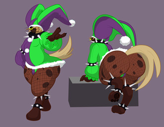 anklet anthro armband bent_over big_butt blonde_hair breasts bulge butt clothing collar facial_piercing fishnet_clothing fishnet_legwear hair hat headgear headwear intersex jester jewelry legband legwear leotard looking_at_viewer multiple_poses nose_piercing nose_ring obscured_eyes oversized_clothing oversized_hat oversized_headwear pawpads paws piercing pose presenting presenting_hindquarters ring_piercing simple_background slightly_chubby solo spiked_anklet spiked_armband spiked_collar spiked_legband spikes spots standing tail whiskers wide_hips villegreen hyena mammal hi_res