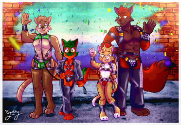 age_difference anthro biped black_bottomwear black_clothing black_jacket black_markings black_nose black_pants black_topwear bottomwear brown_body brown_fur bulge closed_smile clothed clothing collar countershade_face countershade_fur countershade_torso countershading day dipstick_tail dominant dominant_male dominant_young eyebrows fishnet_clothing fishnet_legwear fluffy fluffy_tail front_view fur garter_belt garter_straps gesture green_body green_eyes green_fur group harness holding_leash holding_object jacket larger-male larger_sub leash leashed_collar leather leather_bottomwear leather_clothing leather_jacket leather_pants leather_topwear legwear lgbt_pride male male/male markings mouth_closed older_male outside pants size_difference smaller_male smile smiling_at_viewer submissive submissive_male tail tail_markings teeth tongue topwear waving waving_at_viewer white_body white_countershading white_fur young young_anthro young_male younger_male syaokitty lgbt_pride_month blaze_wolf jesse_cat magma_wolf tenyo_cat canid canine canis domestic_cat felid feline felis mammal wolf 2026 hi_res brother_(lore) brothers_(lore) father_(lore) father_and_child_(lore) father_and_son_(lore) parent_(lore) parent_and_child_(lore) parent_and_son_(lore) sibling_(lore) son_(lore)