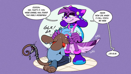 anthro blush bodily_fluids bottomwear brown_body brown_fur clothing collar dominant dominant_anthro dominant_male ear_piercing ear_ring fellatio footwear fur jacket jewelry male mouse_tail oral pants penile piercing purple_body purple_fur questionable_consent red_collar ring_piercing sex shirt shoes submissive submissive_anthro submissive_male sweat sweatdrop tail tail_wraps topwear wraps respecies trevor-fox_(character) canid canine canis coyote mammal mouse murid murine rodent 16:9 hi_res widescreen nonbinary_(lore)