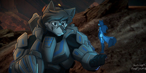 ambiguous_gender anthro armor black_hair blue_body blue_fur blue_hair duo female fur fur_markings glowing glowing_body grey_body grey_fur hair long_hair markings mjolnir_armor_system science_fiction setriaphtfj halo_(series) microsoft xbox_game_studios kailun_setra lumila_tenris canid canine canis fox mammal wolf absurd_res hi_res