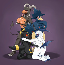anthro anthrofied anus back_tuft beak big_breasts black_body black_nose blue_body blush bodily_fluids breasts butt chest_tuft claws feathered_wings feathers feet female fur genitals group hindpaw horn kneeling looking_at_viewer looking_back markings nipples open_mouth paws pokemorph pose red_eyes saliva smile soles standing tail toes tongue tuft vulva white_body white_fur wings sssonic2 nintendo pokemon absol avian bird canid canine eeveelution generation_2_pokemon generation_3_pokemon houndoom mammal murkrow pokemon_(species) umbreon 2011 absurd_res digital_media_(artwork) hi_res