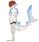 anthro biped black_outline blue_markings breasts clothing countershading featureless_breasts featureless_crotch female fin front_view grey_body hair hair_to_side hands_behind_back leg_markings markings nude outline red_eyes red_hair shark_tail shy simple_background solo standing tail tail_fin tattoo thigh_markings underwear white_background hardenonn fish marine scalie shark digital_media_(artwork) full-length_portrait hi_res portrait