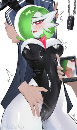 anthro arm_grab arms_above_head blush bodily_fluids breasts bunny_costume camel_toe clothed clothing costume disembodied_hand dominant dominant_male embarrassed fake_ears female fingering first_person_view foreplay genital_fluids genitals green_hair group hair hands_behind_head humanoid_hands jacket leotard licking looking_at_viewer male male/female open_mouth oral penile penis penis_lick red_eyes restrained restraints sex simple_background standing submissive submissive_female tongue topwear vaginal_fluids white_background white_body re1akko nintendo pokemon gardevoir generation_3_pokemon pokemon_(species) absurd_res hi_res