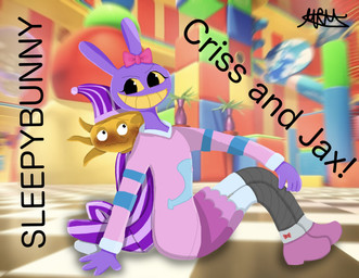 accessory ambiguous_gender anthro blush bow_ribbon clothing duo flustered grin hair_accessory hair_bow hair_ribbon hat headgear headwear looking_at_another looking_at_viewer looking_up_at_another male male/ambiguous nightcap pajamas pink_clothing pink_shirt pink_topwear purple_body purple_clothing ribbons shirt sitting smile smug_grin teeth text topwear yellow_body yellow_sclera yellow_teeth thenamesmr glitch_productions the_amazing_digital_circus jax_(tadc) amphibian aquatic axolotl lagomorph leporid mammal mole_salamander rabbit salamander 2026 english_text hi_res shaded signature trans_(lore) trans_woman_(lore)