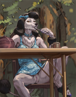5_fingers anthro black_hair black_nose breasts clothed clothing collar dress eating female fingers fur furniture genitals hair humanoid_hands no_underwear outside picnic_table pink_body pink_fur solo table vulva wearing_collar nikkimory princess_(nicoya) canid canine canis domestic_dog mammal poodle hi_res